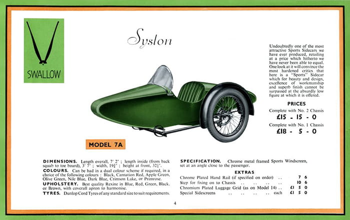 Swallow Sidecar model 7a Syston каталог 1935 года