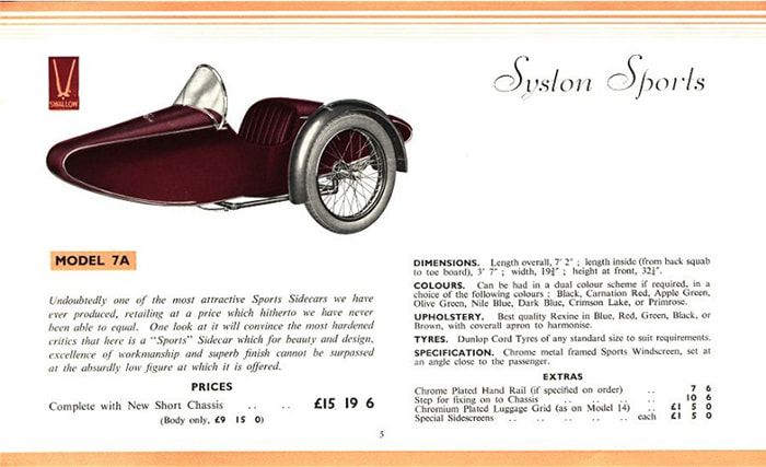 Swallow Sidecar model 7a Syston Sports каталог 1936 года