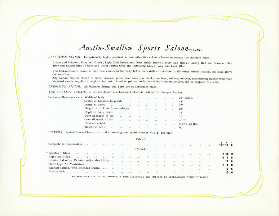 Austin 7 Swallow Sports Saloon каталог 1929 года