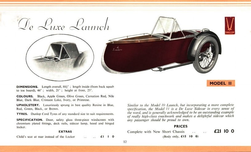 Swallow Sidecar model 11 De Luxe Launch каталог 1936 года