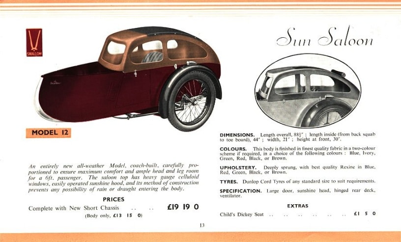 Swallow Sidecar model 12 Sun Saloon каталог 1936 года
