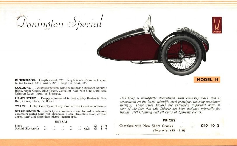 Swallow Sidecar model 14 Donington Special каталог 1936 года