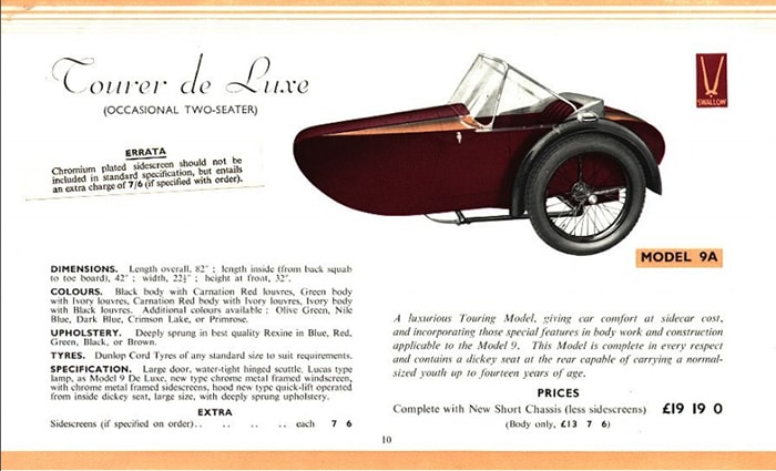 Swallow Sidecar model 9a Courer de Luxe каталог 1936 года