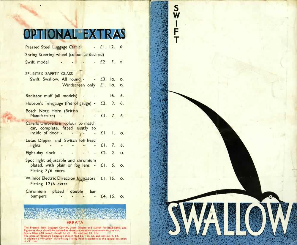 Swallow Swift Sports Saloon каталог 1930 года