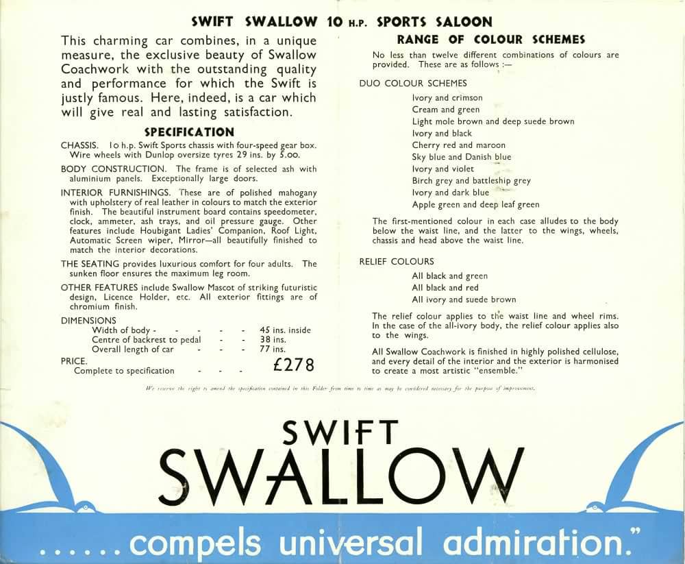 Swift Swallow Sports Saloon каталог 1930 года